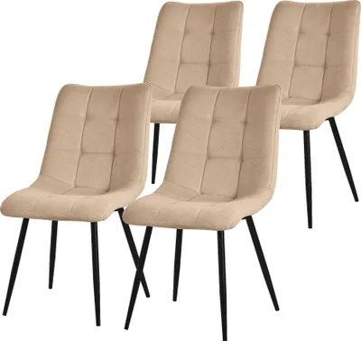 Four beige dining chairs with black metal legs are arranged in a group against a white background.