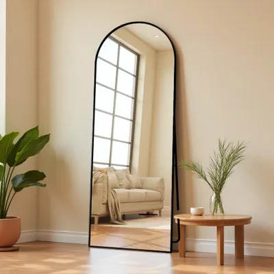 Image de Miroir sur pied UnboxG 173 × 63 cm noir, miroir incurvé pour chambre à coucher, couloir et dressing, miroir en pied, miroir de maquillage, sur pied, design moderne