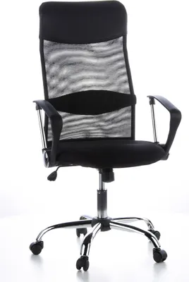 A black office chair with a mesh back and armrests, shown from a front-side angle on a white background.