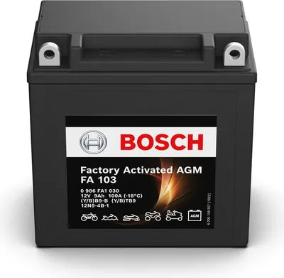 Zdjęcie produktu dla Bosch FA103 - Akumulator motocyklowy AGM - 12V 100A 9Ah - Odpowiedni do motocykli, motocykli enduro, skuterów, quadów, skuterów wodnych - Kompatybilny M4F25, BB9-B, BTB9, 12N9-4B-1