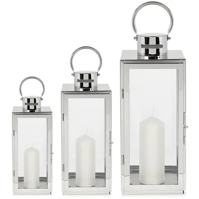 Produktbild von Laternen Set Chrom 3er Metall Glas 38 49 63 cm Windlicht Deko Innen Außen