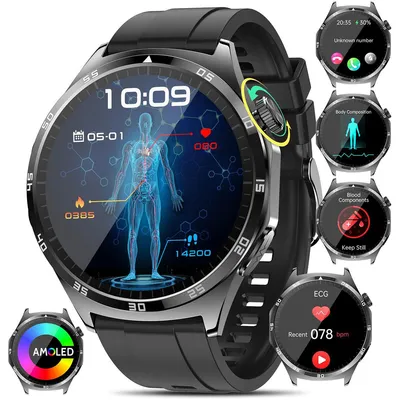 Produktbild von Smartwatches, EKG + HRV/BMI Runde (48 mm) 1,43 Zoll AMOLED Gesundheitsuhr mit Telefonfunktion, 24-Stunden-Gesundheitsüberwachung,Mehrere Trainingsmodi
