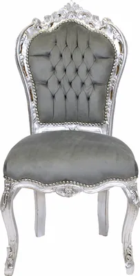 A baroque-style chair with gray upholstery and a silver frame, presented against a white background.