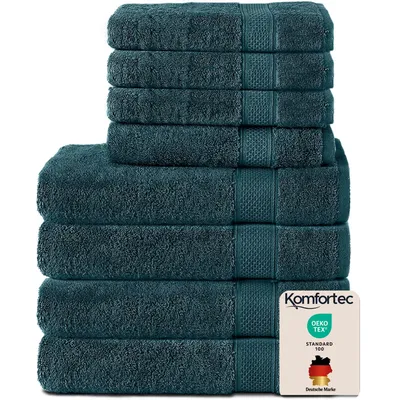 Produktbild von Komfortec 8er Handtuch Set aus 100% Baumwolle, 4 Badetücher 70x140 und 4 Handtücher 50x100 cm, Frottee, Weich, Towel, Petrol