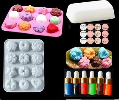 Produktbild von GKA farbige Seife Seifenherstellung Set 12 bunte Blumen Blüten Seife zum selber machen mit Seifenfarbe weiße Seife Sheabutter Seifenform viel Zubehör