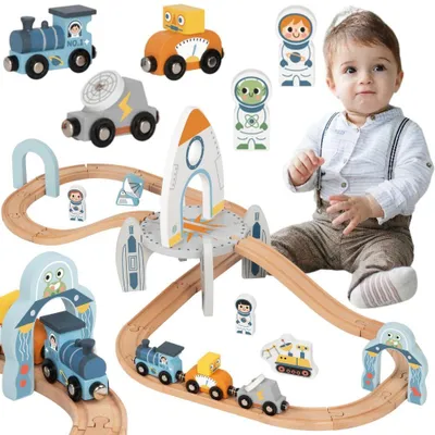 Image de Tooky Toy Ensemble de rails de train spatial en bois