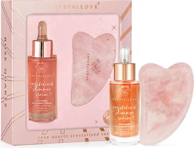 Immagine prodotto di Set cristallizzato al quarzo rosa CRYSTALLOVE - Siero per il viso al quarzo rosa e piastra per il massaggio Gua Sha