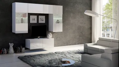 Produktbild von Wohnwand mit 2 Hängevitrinen in weiß Hochglanz mit LED Beleuchtung CAIRNS-132, B/H/T ca. 195/200/43 cm