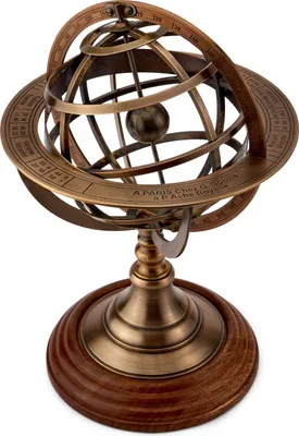 Produktbild von Armillarsphäre aus Messing antik Holzsockel 27x19cm Astronomische Armillarkugel