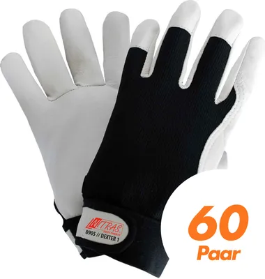 Produktbild von NITRAS Dexter 1 Mechanikerhandschuhe 8905 - Nappaleder - schwarz-weiß, ungefüttert, atmungsaktiv, mit Klettverschluss - 60 Paar Größe:11