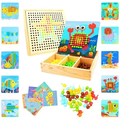 Immagine prodotto di Set per bambini dai 3 ai 5 anni per creare mosaici con perline: include 240 perline, 10 immagini di riferimento e una tavola di legno