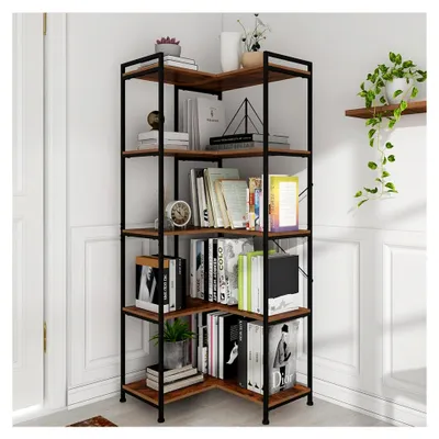 Produktbild von 5-stöckiges Eckregal im Industrie-Stil, Freistehend mit Metallrahmen und Offenen Ablagen für Wohnzimmer, Schlafzimmer & Büro