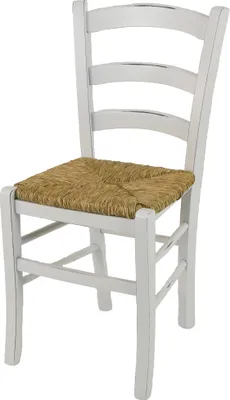 A white wooden chair with a woven straw seat is shown against a white background.
