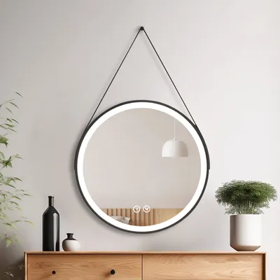 Image de Heilmetz Miroir de salle de bain Rond 70cm Miroir avec éclairage Touch Variable Lumière Miroir avec suspension à bande Style industriel élégant