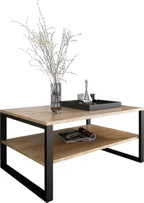 Produktbild von DESIGN MÖBEL Couchtisch BASIC Goldene Eiche – Rechteckiger Wohnzimmertisch mit Ablage & Metallbeinen – Industrial Stil