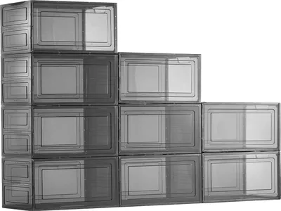 A set of stacked, clear plastic shoe storage boxes with black accents.