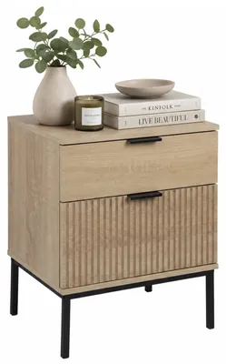 Obrázok produktu pre Nočný stolík Relaxdays, s reliéfnou štruktúrou, 2 zásuvky, výška x šírka x hĺbka: 50 x 40 x 30 cm, materiál: MDF a železo, farba: prírodná