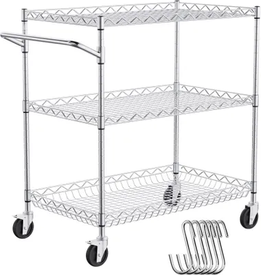 Zdjęcie produktu dla Wózek kuchenny - Chromowany wózek do serwowania 3 poziomy - Udźwig 300 kg - Do użytku wewnątrz i na zewnątrz - Wózek transportowy z wpuszczanym koszem i 6 haczykami - Wózek do sprzątania z wszechstronnymi opcjami przechowywania.