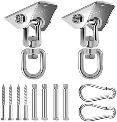 Image de Deux supports pivotants à 360° pour fauteuils suspendus et balançoires, d'une capacité de charge de 450 kg, adaptés au béton et au bois, avec accessoires de montage