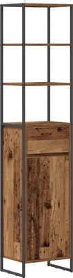 A tall, narrow cabinet with wooden panels and metal framing, featuring shelves and a closed lower section.