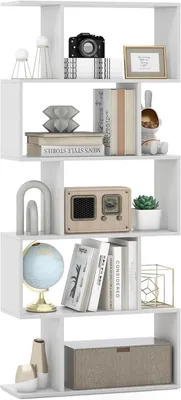 Produktbild von Bücherregal mit 5 Ebenen, Standregal Büroregal Holz, Aktenregal freistehend, Ausstellungsregal schmal, Aufbewahrungsregal Lagerregal in S-Form (Weiss)
