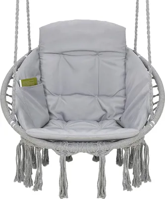 Produktbild von VITA5 Makramee Hängesessel Indoor - Bequemer Boho Hängestuhl für Garten & Balkon - Hängeschaukel mit weichem Kissen - Hänge Sessel Outdoor mit Wetterfeste Abdeckung (Grau)