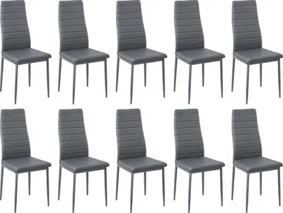 A set of ten gray dining chairs arranged in two rows against a white background.