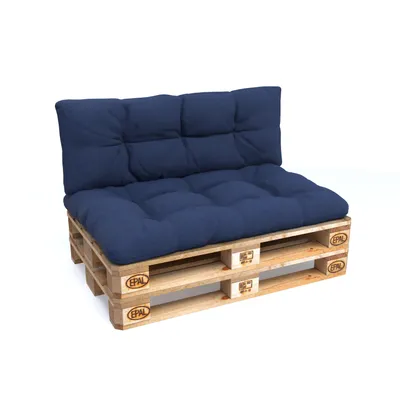 A dark blue pallet sofa cushion set on a wooden pallet base, isolated on a white background.