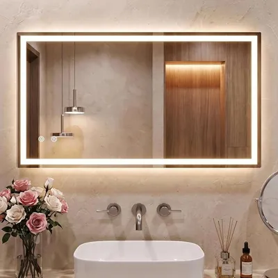 Produktbild von Badspiegel mit Beleuchtung 120×60 cm, LED Spiegel mit 3 Lichtfarben Dimmbar, Gehärtetes Glas Explosionsschutz, Touch-Schalter, Memory-Funktion, Beschlagfrei, Badezimmerspiege mit Licht