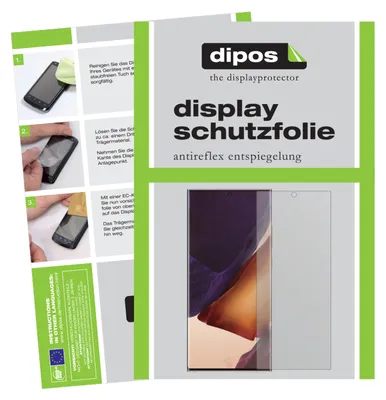 A collage of instructional images and product packaging for a screen protector, alongside a product shot of the screen protector on a phone.