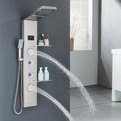 Produktbild von Duschpaneel 6001 - LED Regendusche - 304 Edelstahl - Digitalanzeige - Wasserbetriebenes LED-Licht - Doppelgriff Warm/Kalt - Mit Ablage - Gebürstetes Nickel