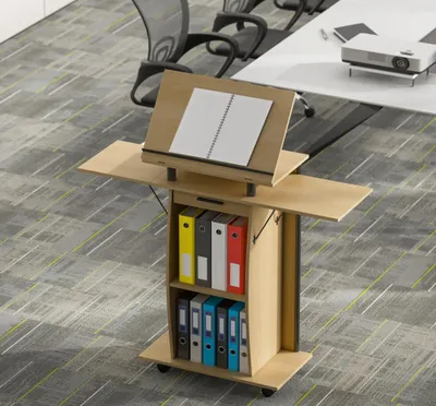Produktbild von Rollbarer Podiumsständer, Redepult mit klappbaren Seitenflügeln, Laptop-Tisch mit Schublade und Regalen