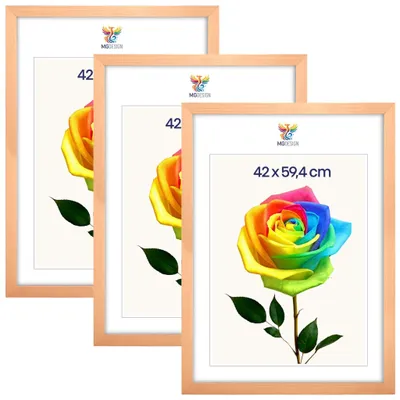 Produktbild von MG Design 3er Set Bilderrahmen Natur A2 42x59,4 cm - Posterrahmen Echtholz mit Acrylglas, stabile Wandaufhängung, hoch/quer