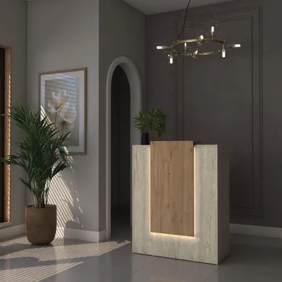 Productafbeelding van Skye Decor, moderne receptietable met LED-verlichting, travertin en walnoothout, 90x110x40 | 100% melamine
