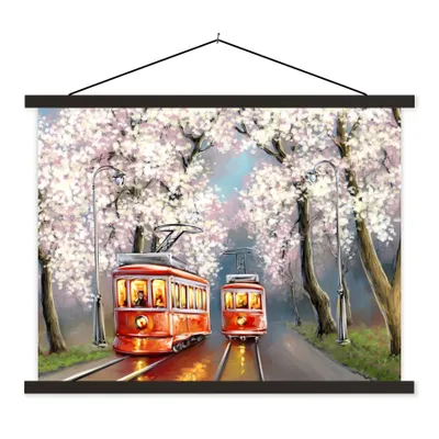 Produktbild von MuchoWow® Textilposter Gemälde - Ölgemälde - Straßenbahn - Blühender Baum 150x113 cm mit schwarzem Rahmen - Wohnzimmer