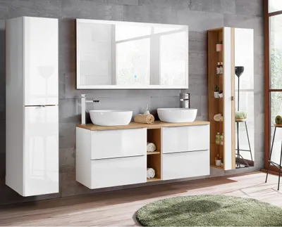 Produktbild von Badezimmer Set weiß Hochglanz mit Keramik-Doppel-Waschtisch TOSKANA-56 LED-Touch-Spiegel, BxHxT ca. 260/190/46cm