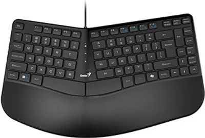 A black ergonomic keyboard is shown from a top-down perspective against a white background.