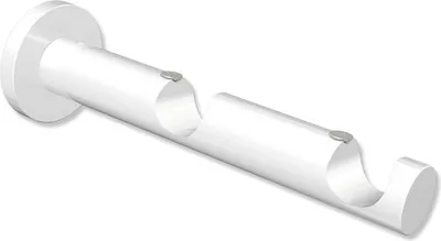 A white double curtain rod bracket is shown against a white background.