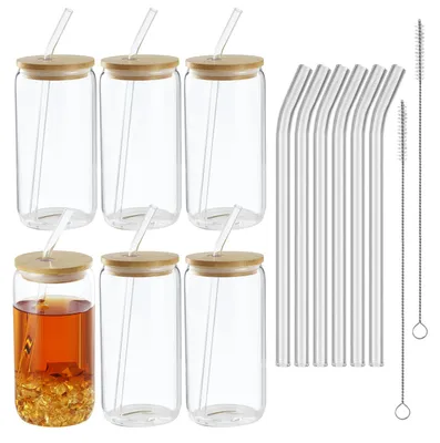 6er-Set Glasbecher mit Deckel & Strohhalm, 500 ml, Dosenform