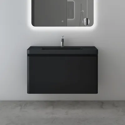 Produktbild von Mai & Mai Badmöbel-Set Waschbeckenunterschrank 90x48x50cm in Matt Schwarz mit Softclose Schubladen inkl. Mineralguss Waschbecken und LED-Spiegel Ancona