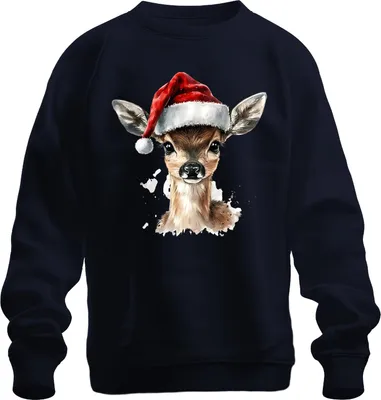 Produktbild von Rehkitz Weihnachten Aquarell süß Geschenk niedlich Santa Uni Sweatshirt Pullover, Navy, 3XL