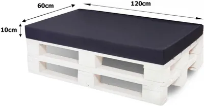 A dark blue cushion on top of a white wooden pallet, with dimensions indicated.