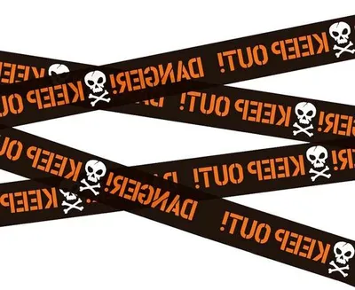 Productafbeelding van Halloween waarschuwingstape - Feest decoratie - Griezelige sfeer creëren - Met schedels en vleermuizen - 76 x 600 cm - Oranje