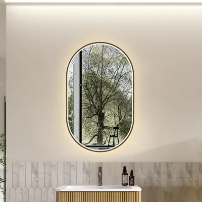 Zdjęcie produktu dla Lustro łazienkowe LED, owalne, 50x80 cm, z oświetleniem, możliwość regulacji jasności - lustro ścienne z funkcją zapobiegającą parowaniu, sterowane dotykowo, z czarną ramą kryształową