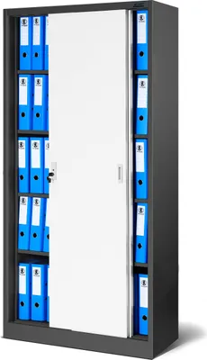 A metal filing cabinet with sliding doors, filled with blue binders.