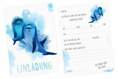 Produktbild von 10 Einladungskarten Delfine blau/ weiß mit GLITZER inkl. 10 Briefumschlägen