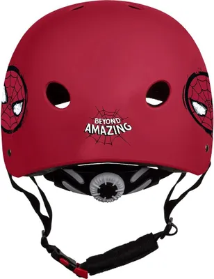 A red Spiderman-themed bicycle helmet with straps and adjustment dial.
