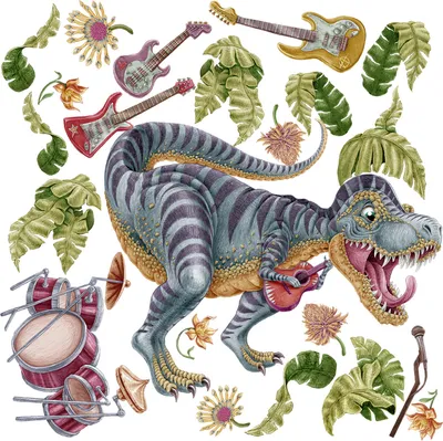 Produktbild von Wandaufkleber Kinderzimmer – Wandsticker für Baby & Kinder – Selbstklebende Wanddekoration – Abnehmbar ohne Rückstände – Deko für Mädchen & Jungen - Ein pastellfarbener Dinosaurier, umgeben von Blumen und Musik.100x148 cm