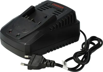 A black battery charger with a power cord and plug, shown on a white background.