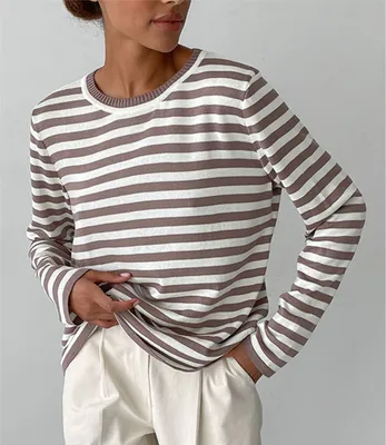 Produktbild von Damen-Pullover mit Rundhalsausschnitt, langärmelig, leicht, weich gestrickt, gestreift